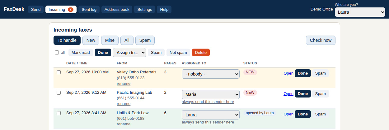 Free Fax Desk inbox after naming the fax sender once; every later fax from that number shows the name