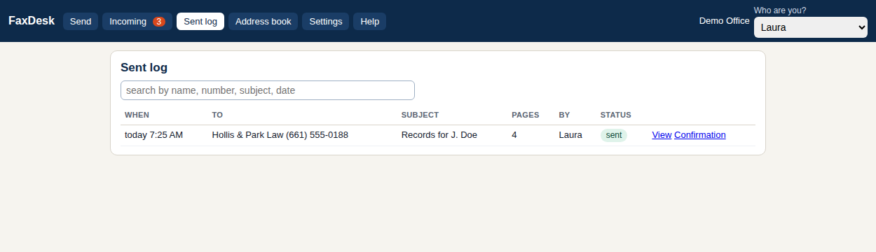 Free Fax Desk sent log with a confirmation PDF and transmission report for every fax sent